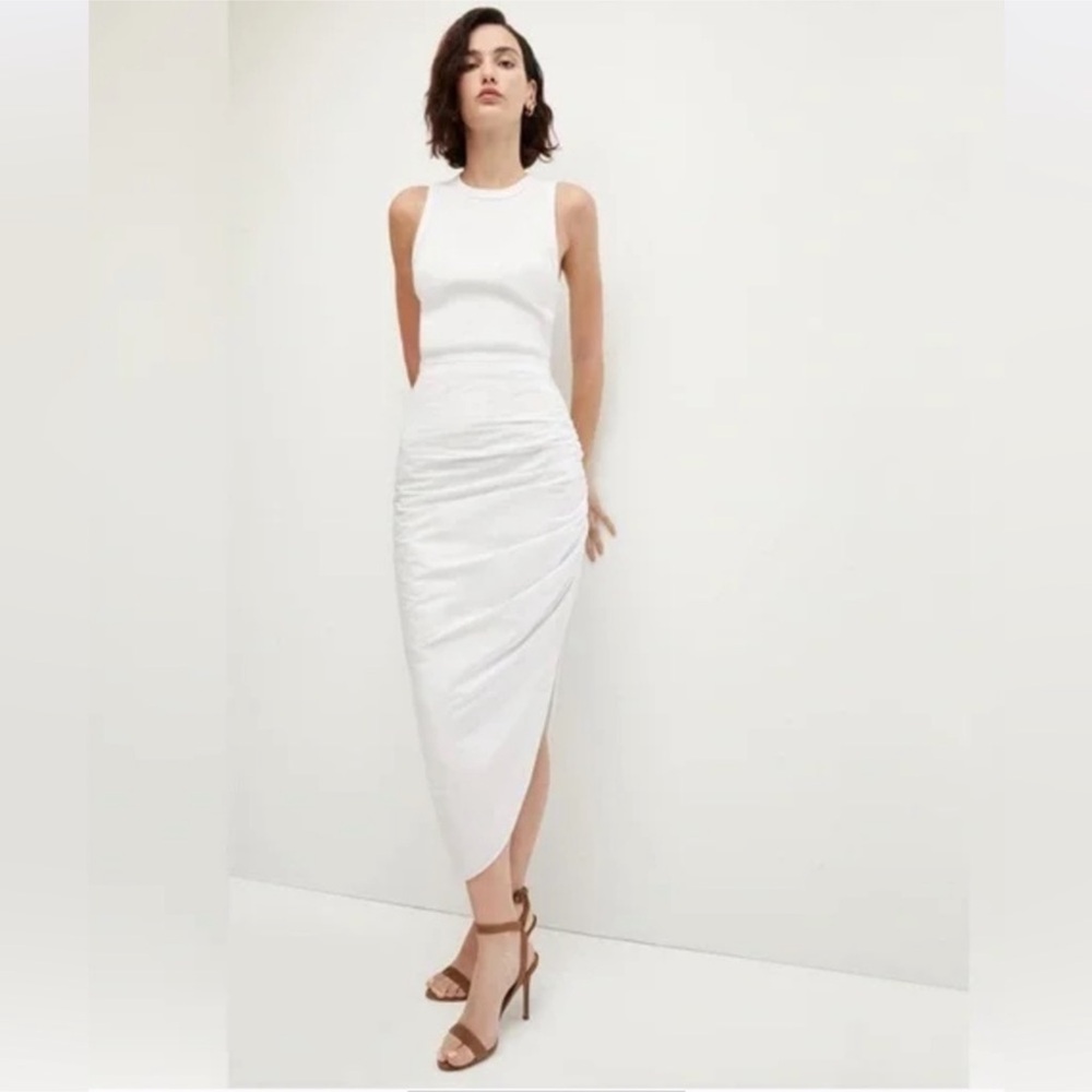 Veronica Beard White Sleeveless Ruched Midi Dress